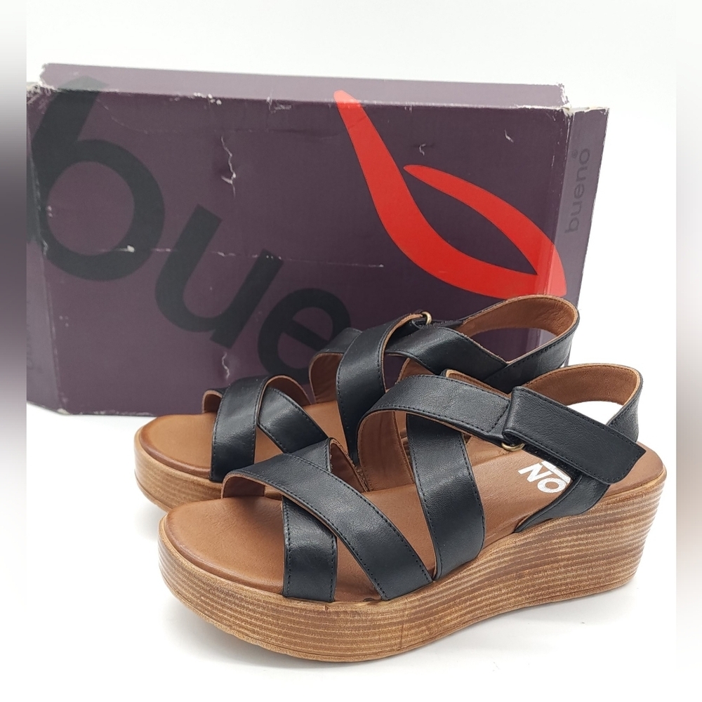 Bueno Nadia Strappy Black Leather Platform Heel Open Toe Sandal Size 6.5-7 EU 37